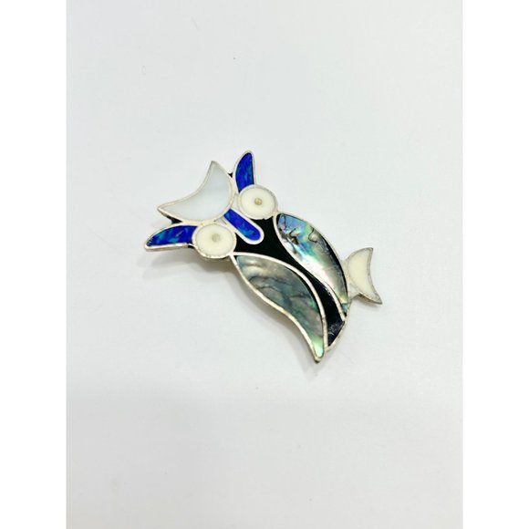 Vintage Alpaca Silver Mexico Owl Bird Pin Brooch with Abalone Shell Stone Inlay - Picture 6 of 10